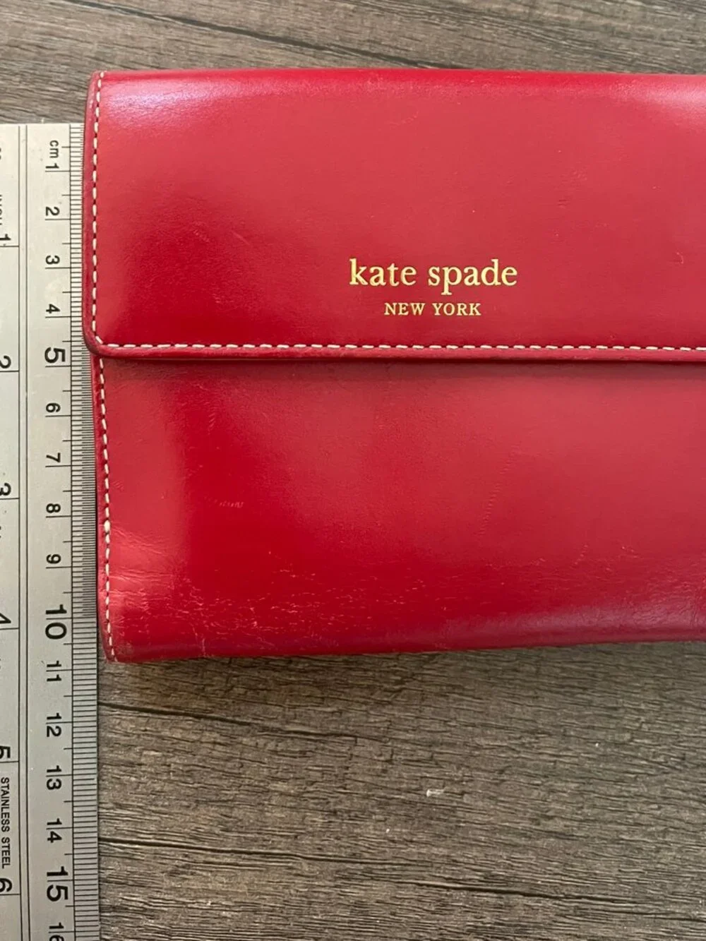 Kate Spade New York Red Leather Trifold Wallet Snap Tab Closure